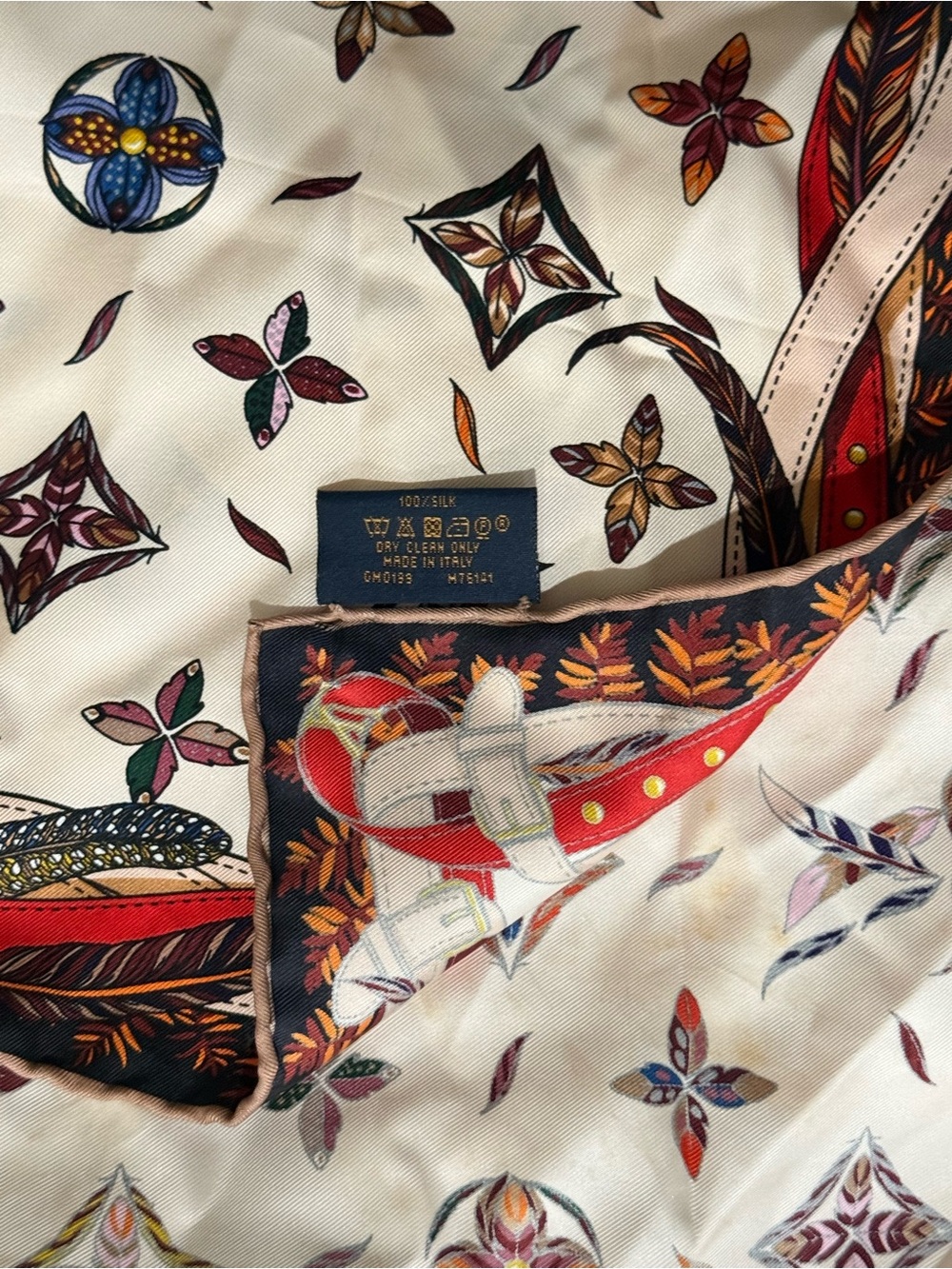 Louis Vuitton 90cm Multicolor Monogram & Straps 100% Silk Scarf – Ivory/Red